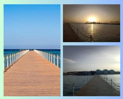 three pictures of a pier with the sun setting over the water at Scandic Resort in Hurghada, EGYPT in Hurghada