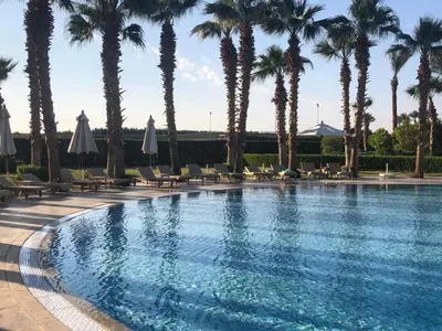 a swimming pool with palm trees and umbrellas at شقه غرفتين وصاله بالحديقه في فراندا سهل حشيش in Hurghada