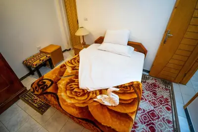 a bedroom with a bed with a tiger blanket at Venus Hotel Luxor \u65e5\u672c\u4eba \u5927\u6b53\u8fce in Luxor