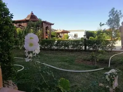 a garden hose on the grass in front of a house at Hurghada-Magawish Studio 2 in Hurghada