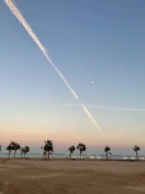 a kite flying over a beach with palm trees at Mangroovy- 1BR Bleu Ciel in Hurghada