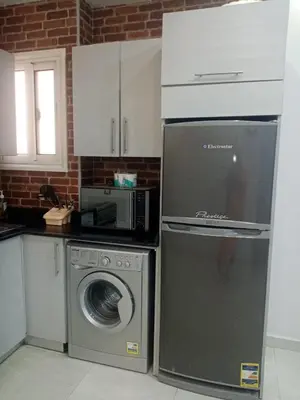 a kitchen with a washing machine and a microwave at Makramia studio in Hurghada