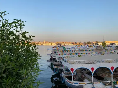 a row of boats parked in the water at Lemon Tree apartments luxor in Al Aqālitah