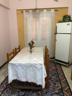 a table with a vase of flowers on it with a refrigerator at Dr milad shokralla multiple central flats in Luxor