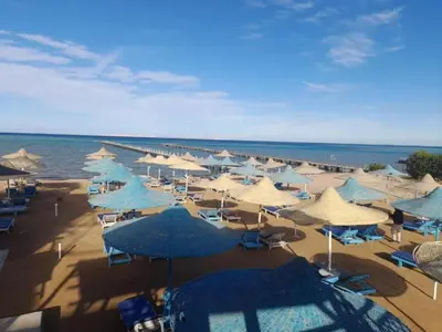 a beach with blue and white umbrellas and the ocean at Fox Resort El Gouna in Hurghada