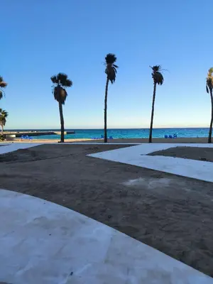 a walkway with palm trees on the beach at Solo beach front studio or for couple in Hurghada