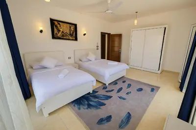 a bedroom with two beds and a rug at Villa Desert Rose in Luxor