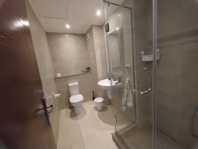 a bathroom with a shower and a toilet and a sink at Relaxing open Seaview Apartment in Hurghada