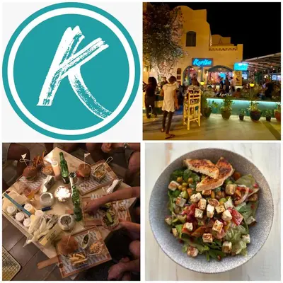 a collage of four pictures with a plate of food at Apartment with large terrace & nice pool area in Hurghada