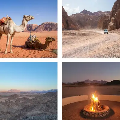four pictures of a desert with a camel and a fire at Special style apartment with pool at lagoon in Hurghada