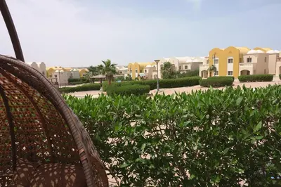 a wicker chair sitting in front of some plants at Captivating 1-Bed Apartment in hurghada in Hurghada