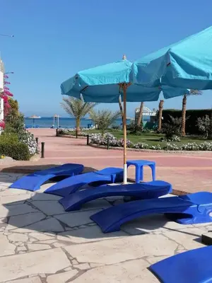 a group of blue chairs under an umbrella at Apartment in Cecelia Resort in Hurghada
