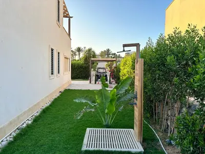 a garden with a plant in the middle of a yard at El Gouna Cyan Villa with pool n lagoon by BFG Beit Fel Gouna in Hurghada