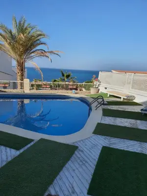 a swimming pool with a palm tree and the ocean at Hurghada Egypt Gable Al Haream Next-door to Hilton Plaza in Hurghada