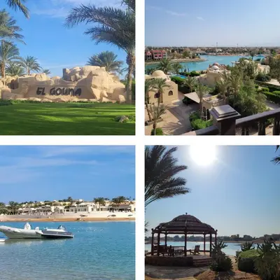 four pictures of a resort with a beach and a boat at Elegant apartment with pool and beach access in Hurghada