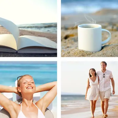 a collage of photos of people on the beach at Cozy apartment with a pool in South Marina-Elgouna in Hurghada