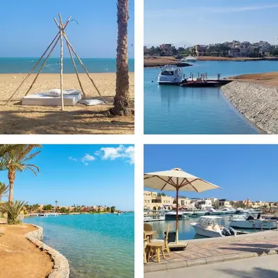 four pictures of a beach with boats and a windmill at Cozy apartment with a pool in South Marina-Elgouna in Hurghada