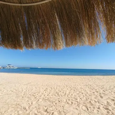 a close up of a straw umbrella on a beach at Hambra avenue in Hurghada