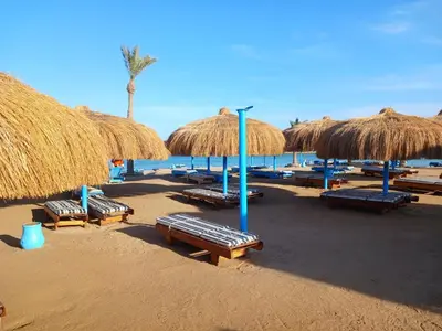 a beach with many straw umbrellas and lounge chairs at Zahabia Golden Beach Resort Down Town in Hurghada