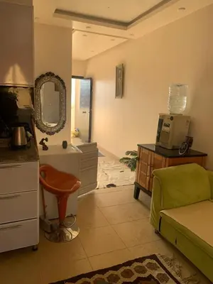 a living room with a green couch and a mirror at for peivate and calm near gouna in Hurghada