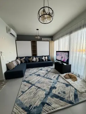 a living room with a couch and a dog laying on a rug at Mackdi hights in Hurghada