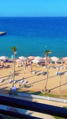 a beach with palm trees and umbrellas and the ocean at جوليانا بتش in Hurghada