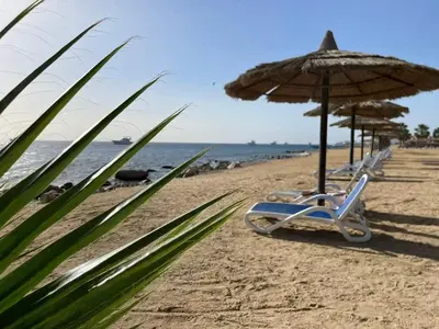 a row of beach chairs and an umbrella on the beach at Studil for rent 206 hill in Hurghada