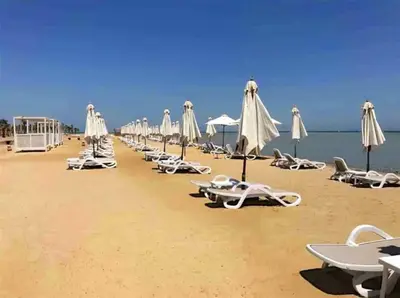 a line of lounge chairs and umbrellas on a beach at Chic 3BR Ground Free Beach & Pool access at Mangroovy in Hurghada