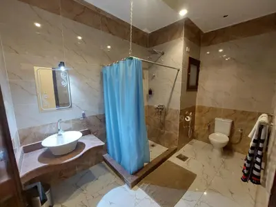 a bathroom with a sink and a shower and a toilet at Carter Guesthouse Luxor 3 in Al Karnak