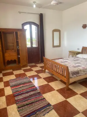 a bedroom with a bed and a checkerboard floor at Nile Temple view in Luxor