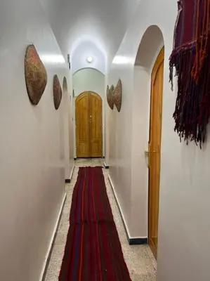 a hallway with a red rug in front of a door at Shamandy house same same but different in Jazīrat Aswān