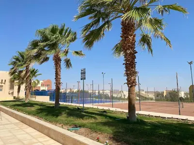 two palm trees in a park next to a tennis court at Enjoy Makadi Heights Red Sea in Hurghada