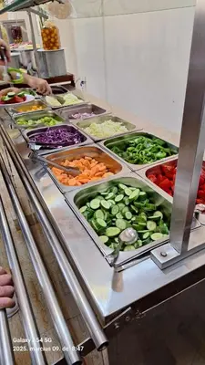 a buffet line with different types of vegetables in trays at Tiba Golden beach resort hurghada down town in Hurghada