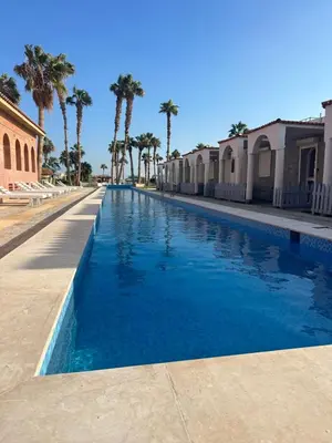 a blue swimming pool with palm trees in the background at Mashrabiya one bed room apartment in Hurghada