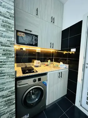 a kitchen with a washing machine and a microwave at Falcon Loft Studio Sheraton Road in Hurghada