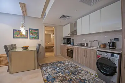 a kitchen with a washer and a sink and a dishwasher at Ollystays Mangroovy 1 BR Beach and Pool Free access in Hurghada