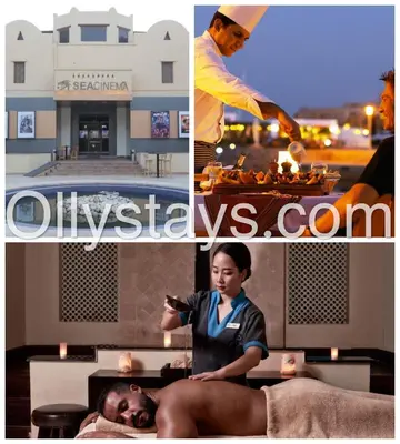 a collage of photos with a man cooking food and a woman at Ollystays Mangroovy Seaview 2BR Beach and Pool Free access in Hurghada