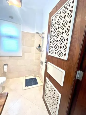 a bathroom with a shower with a wooden door at Your Red Sea Hideaway Apartment in Coraya Bay