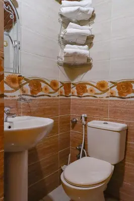 a bathroom with a toilet and a sink and towels at Kulaih nubian guest house in Aswan