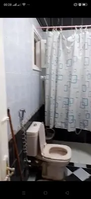 a bathroom with a toilet and a shower curtain at Aswan Lovely Apartment in Aswan