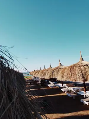 a row of straw umbrellas and chairs on a beach at Fanadir Bay Compound in Hurghada