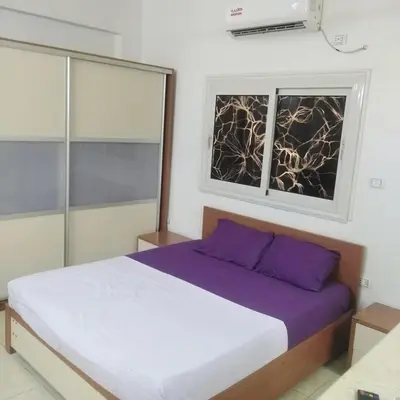 a bedroom with a bed with purple pillows and a window at Wintar guest house in Luxor