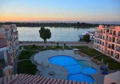 a view of a river from a building at Aton Apartment, Luxor Resort, Minutes from City Center in Luxor
