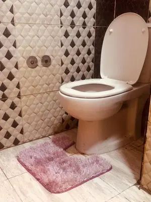 a bathroom with a toilet and a pink rug at Prestige Home apartment in Hurghada