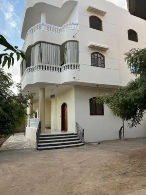 a large white building with stairs in front of it at Family House in Luxor