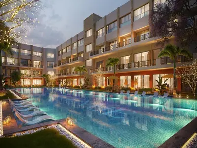 a large swimming pool in front of a building at Studio in a touristic area - Al mamsha in Hurghada
