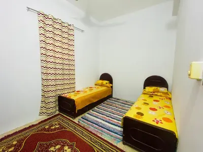 two beds in a room with a rug at Pharaoh apartment 2 in Luxor