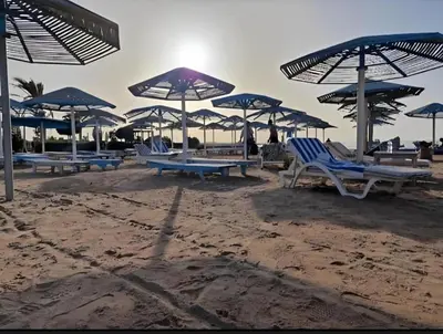 a group of chairs and umbrellas on a beach at Home from Home Al Dora Residence in Hurghada