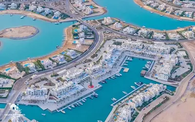 an aerial view of a marina with boats at Relaxing 3BR Fanadir Marina Home l El Gouna Red Sea l Lagoon Views in Hurghada