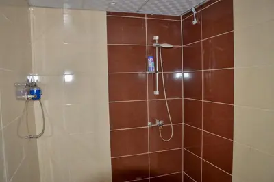 a bathroom with a shower with brown tile at Kinga Apartment Florenza Khamsin in Hurghada